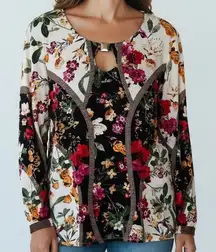 JM Collection Womens Floral Print Keyhole Neck Long Sleeve Blouse Top Size L