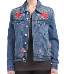 *BLANKNYC Floral Embroidered Denim Jean Jacket Womens Size XS Roses Distressed