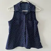 Notations Tank Women’s Polka Dot Sleeveless Button Down Blouse Navy White Size S