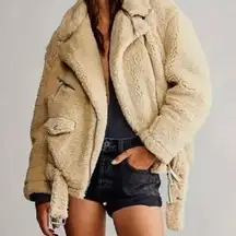 We The Free People So Cozy Slouchy Sherpa Faux Fur Beige Bomber Moto Jacket Sz L