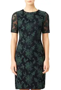 Tory Burch Floral Lace Applique Fishnet Sheath Short Sleeve Dress Navy Green 12