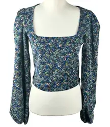 Lulu's Certain Charm Blue Floral Corduroy Balloon Sleeve Crop Top Size Small