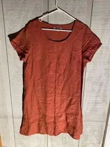 FLAX Women's size Small 100% Linen Orange‎ Red Short Sleeve Shift Dress