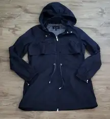 Armani Jeans Navy Blue Laser Cut Floral Chic Full Zip Long Rain Jacket Size 8