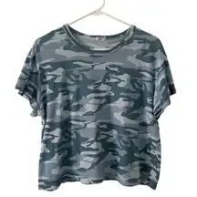 Monrow Women's Blue Camo Camouflage Cropped Short Sleeve Tee T-Shirt S Small