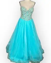 Terani Couture Formal Gown Women's Med Blue Embellished Strapless A-Line Maxi