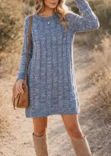 Zenana sz L Women Blue Chunky Cable Knit Pullover Sweater Dress Casual Cozy Chic