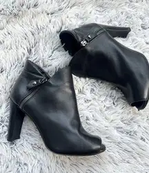 Black Leather Peep Toe Side Zip Booties EUC Size