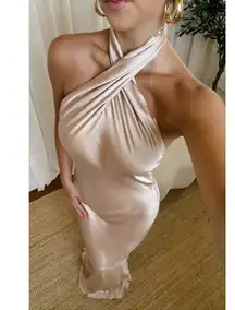 Show Me Your Mumu Jasmine Halter Maxi Dress Champagne Luxe Satin S NWT
