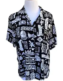 Vintage 80s 90d Koret novelty tribal kitschy print black and white button down M