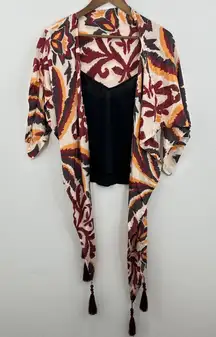 Farm Rio Maroon Waist Shoulder Wrap Scarf Tassel Open Front Abstract Print Tank‎