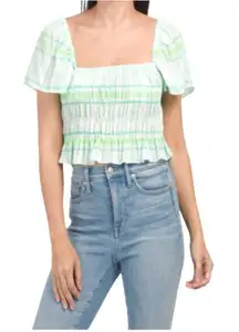 Zara Green And White Plaid Square Neck‎ Puff Sleeve Smocked Cropped Top Size XS