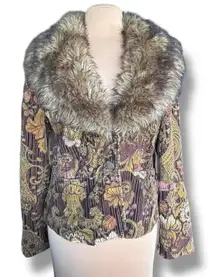 Vintage Faux Fur Trimmed Corduroy Floral Jacket Brown Boho Cropped Penny Lane