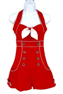 Voodoo Vixen Red Nautical Sleeveless Playsuit Bow Button Accents Size Small