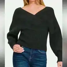 Zenana Cross Wrap Rib Long Sleeve Sweater Black New Without Tags Medium Trendy