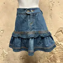 Boom Boom Jeans Vintage Y2K Denim Ruffle Layered Mini Skirt Medium M Studded