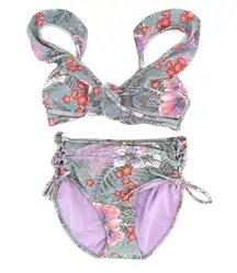 Bikini Set Floral Sage Green Pink Corset Flutter M Top L Bottoms