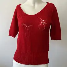 cecily esprit red metallic scoop neck Caterpillar design short sleeve sweater S