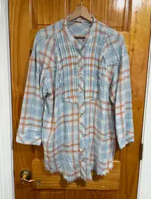 Free People Plaid About You Sleep Shirt Tunic Distressed Raw Hem Size XS