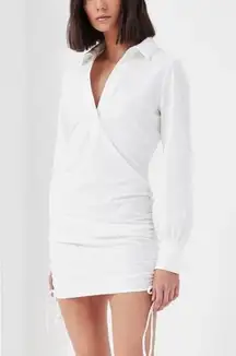 4th Reckless White Long Sleeve Collared V-Neck Side Tie Ruched Shirt Dress