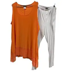 Slinky Brand Set  2 Piece Orange Flowy Cami Tank White Pants Comfort Womens 2X