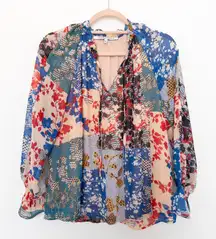 Womens Blouse Size S Multicolor Long Sleeve Floral Patchwork Boho Artsy‎ Flowy