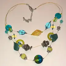 Yellow Green Blue Multicolor Silver Tone Boho Beaded Necklace