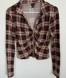 Rue21 Plaid Ruched Long Sleeve Top Brown/Beige – Size M