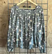 Lauren Conrad Womens Blouse Small Gray Floral Square Neck Peasant Long Sleeve