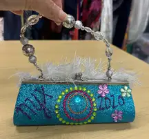 Nyx Mardi Gras Parade Blue Clasp Top Hand Decorated Clutch Purse EUC