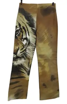 Vintage 90s Y2K Bootcut Pants Size S Brown Graphic Tiger Cat Glitter Novelty