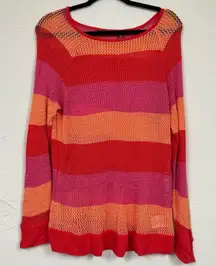 525 American Orange Pink Red Striped Open Knit Pullover Sweater Womens XL Boho