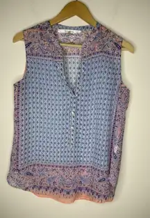 Fun 2 Fun Womens M Sleeveless Blouse Shirt Buttons Shear Geometric Blue Pink