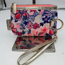 Lilly Pulitzer Wristlet Pouch Coin Purse Tropical Floral Gold Trim Key Ring