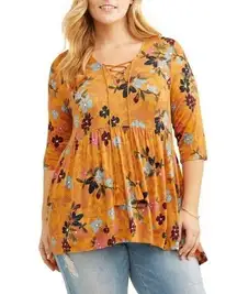 Mustard yellow lace up V-neck baby doll floral top size 2X