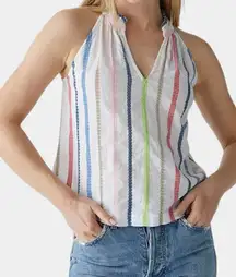 Michael Stars Size xs Leslie Split Neck Top White Colorful Stripes Embroidered