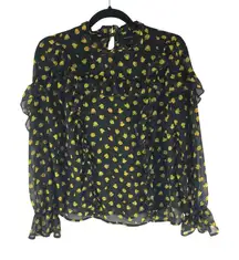 Who What Wear Womens Blouse Top Sheer Ruffle Floral Black Yellow S