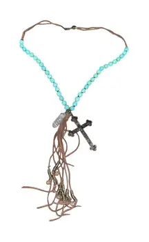 Boho Turquoise Beaded Cross Necklace w/ Suede Tassel & Charms Western Style
