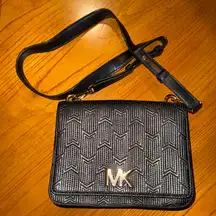 Michael Kors MK Logo Crossbody Bag Black Silver Chevron