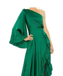 Irene  Emerald Green One-Shoulder Satin Ruffle A-Line Gown