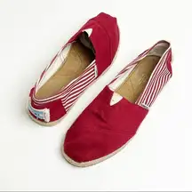 TOMS Classic Red And White Striped Slip On Espadrilles Flats, Size 8.5