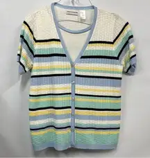 Cherokee Women's m Short Sleeve striped Sweater button down Blue yellow White