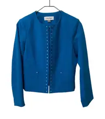 Calvin Klein Women 4P Blue Studded Collarless Cropped Blazer Jacket Petite