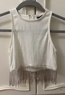 Windsor White Ribbed Crop Tank with Rhinestone Fringe
