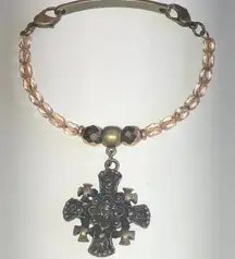 Lenny and Eva Elegant Bronze Tone Glass Beaded Boho Cross Charm Bracelet