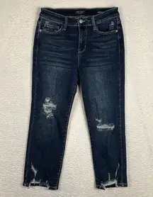 Judy Blue Size 9 29 Mid Rise Crop Fit Jean Distressed Destroyed Dark Wash Blue