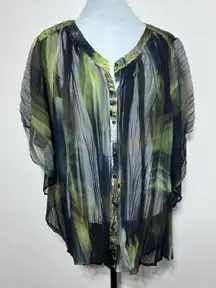 Komarov Top Blouse Women Small Abstract Print Crinkle Artsy Shirt Kimono Sleeves