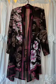 Chicos kimono sheer cardigan dark floral paisley print 0‎ black pink brow…