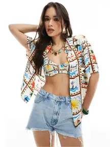 WeWoreWhat XL Art to Wear Coastal Beach Scene Souvenir Oversized Silky Dad Shirt