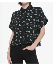 Hot Topic Shirt Womens M Black Pastel Crystals Celestial Crop Button Up Goth